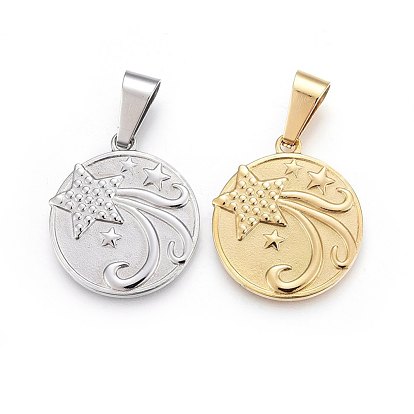 304 Stainless Steel Pendants, Flat Round with Star