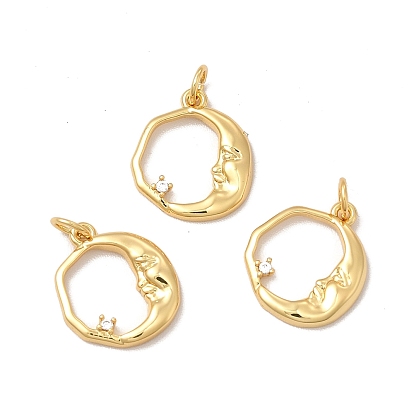 Rack Plating Eco-Friendly Brass Micro Pave Cubic Zirconia Charms, with Jump Ring, Long-Lasting Plated, Lead Free & Cadmium Free, Moon with Face Charm