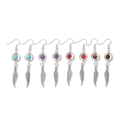 4 Pairs 4 Styles Natural & Synthetic Mixed Gemstone Dangle Earrings Set, Alloy & Brass Feather Long Drop Earrings