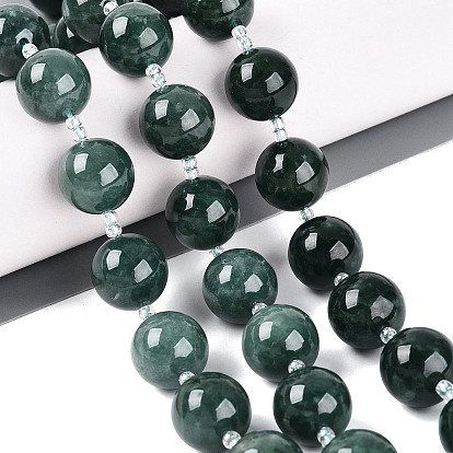 Perles de jade naturel du Myanmar en brins, lisse et rond, avec des perles de rocaille