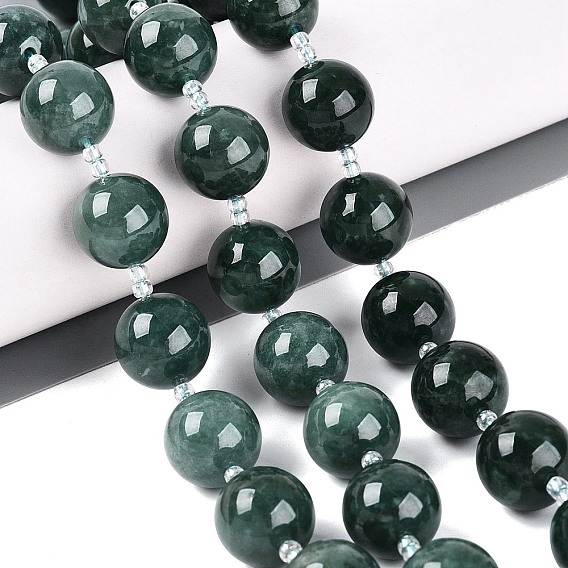 Stränge aus natürlichen Jadeit-Jadeperlen aus Myanmar, glatte Rundung, mit Glasperlen