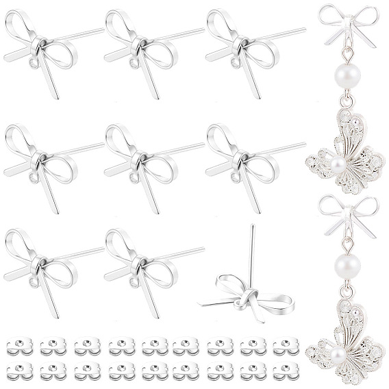 14Pcs Brass Stud Earring Findings, with Loop, Bowknot, Nickel Free, 14Pcs Brass Friction Ear Nuts