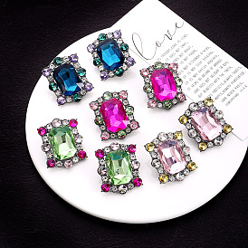 Luxury Colorful Glass Diamond Stud Earrings for Autumn and Winter, Vintage Palace Style Geometric Gemstone Earings with European and American Charm