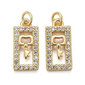 Brass Micro Pave Clear Cubic Zirconia Pendants, Long-Lasting Plated, Rectangle with Key