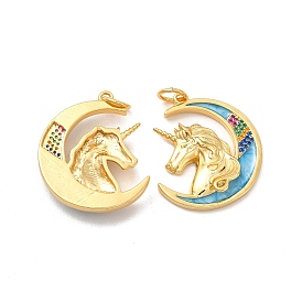 Rack Plating Brass Micro Pave Cubic Zirconia Pendants, with Jump Rings & Enamel, Long-Lasting Plated, Lead Free & Cadmium Free, Moon with Unicorn Charm