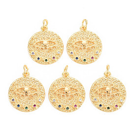 Rack Plating Brass Micro Pave Colorful Cubic Zirconia Pendants, with Jump Rings, Nickel Free, Flat Round with Evil Eyes