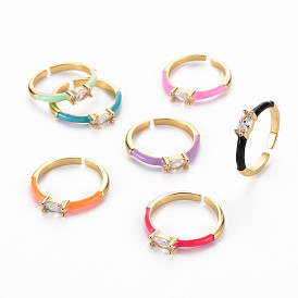 Brass Enamel Cuff Rings, Open Solitaire Rings, Solitaire Rings, with Clear Cubic Zirconia, Nickel Free, Horse Eye, Golden