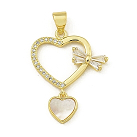 Rack Plating Brass Clear Cubic Zirconia Pendants, Natural Shell Heart Charms with Bowknot, Lead Free & Cadmium Free, Long-Lasting Plated