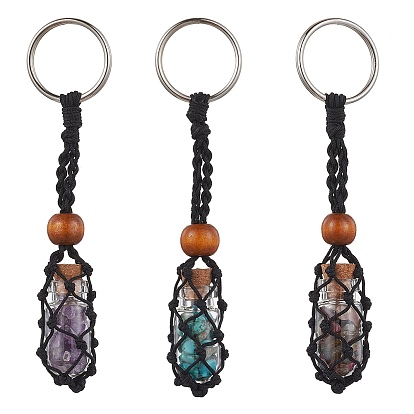 Брелок для ключей с бутылкой желаний из натуральных и синтетических драгоценных камней, нейлоновый шнур, чехол для макраме, держатель для камней, с железными брелоками и деревянной бусиной