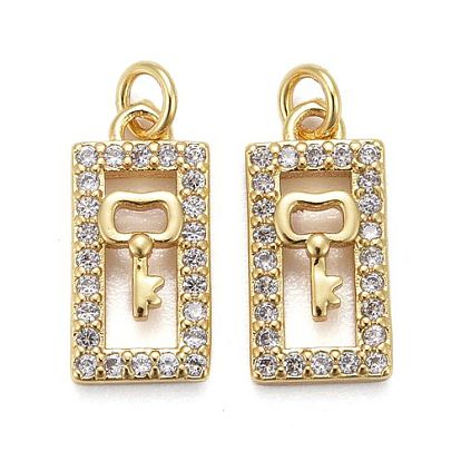 Brass Micro Pave Clear Cubic Zirconia Pendants, Long-Lasting Plated, Rectangle with Key