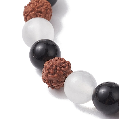 Natural Wood & Selenite & Eyeless Obsidian Beaded Stretch Bracelets