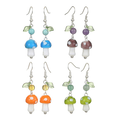 4 Pair 4 Style Acrylic Mushroom Dangle Earrings, Natural & Synthetic Mixed Gemstone Round Drop Earrings with Alloy Pins