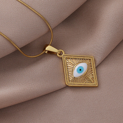 Французский винтаж 304 Ожерелья с подвеской в виде ромба из нержавеющей стали с белой эмалью от сглаза