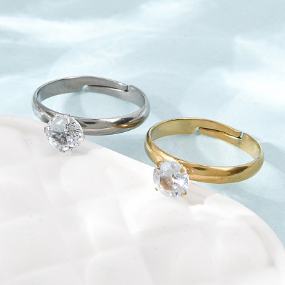 304 Offene Manschettenringe aus Edelstahl mit Mikropavé-Fassung und Zirkonia für Damen, Runde