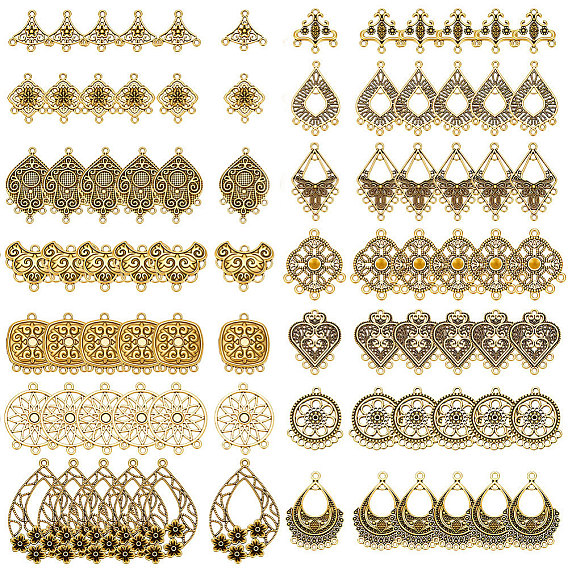 84 pièces 14 styles maillons creux en alliage de zinc de style tibétain pour lustre, fleur losange triangle, Or antique