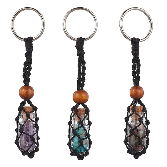 Porte-clés bouteille à souhait en pierres précieuses naturelles et synthétiques, porte-pierre en pochette en macramé en cordon de nylon, avec porte-clés fendus en fer et perle en bois