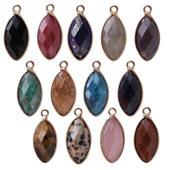 Natural & Synthetic Gemstone Pendants, with Golden Plated Brass Edge, Faceted, Horse Eye Charms