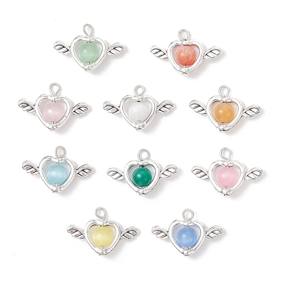 10шт. кошачий глаз с подвесками из сплава, Сердце и крыло, античное серебро