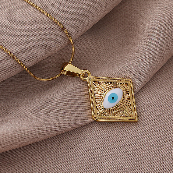 Французский винтаж 304 Ожерелья с подвеской в виде ромба из нержавеющей стали с белой эмалью от сглаза