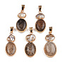 Natural Crackle Agate Pendants, with Natural Shells and Light Gold Plated Brass Findings, Dyed, Oval Charm