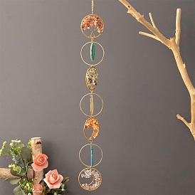 Natural Mixed Gemstone Wind Chime, with Glass Beads and Iron Findings, Ring & Tree