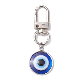 Flat Round with Evil Eye 304 Stainless Steel & Resin Pendant Decorations, Alloy Swivel Clasps Charms for Bag Ornaments