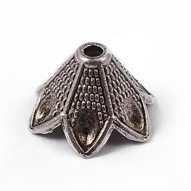 Тибетский стиль цветка сплава шарик крышки, 6-лепесток, без свинца и без кадмия, 11.5x19.5 мм, отверстие : 2.5 мм