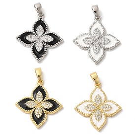 Rack Plating Brass Clear Cubic Zirconia Pendants, with Enamel, Long-Lasting Plated, Cadmium Free & Lead Free, Flower