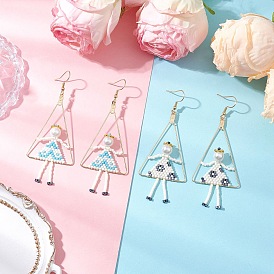 2Pair Girl with Triangle Brass Glass Seed Beads Dangle Earrings, Golden