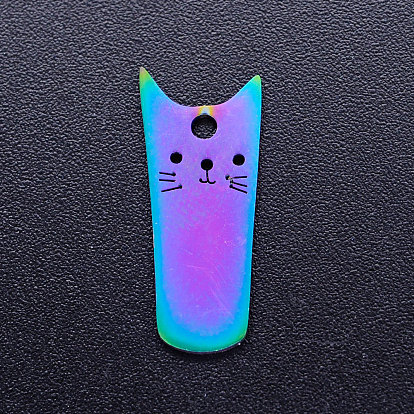 Ion Plating(IP) 201 Stainless Steel Kitten Pendants, Rectangle with Cat Shape
