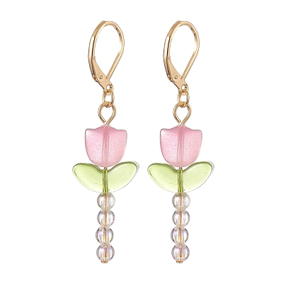 Lampwork Beaded Tulip Dangle Leverback Earrings, Golden 304 Stainless Steel Jewelry for Women