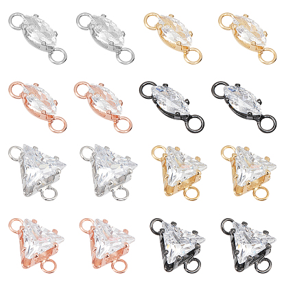 16Pcs 2 Style Brass Clear Cubic Zirconia Links, Triangle & Horse Eye