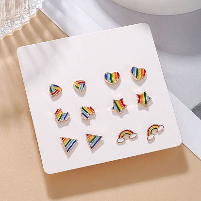 6 Pairs 6 Style Rainbow Pride Flag Alloy Enamel Stud Earrings, Star & Rainbow & Heart