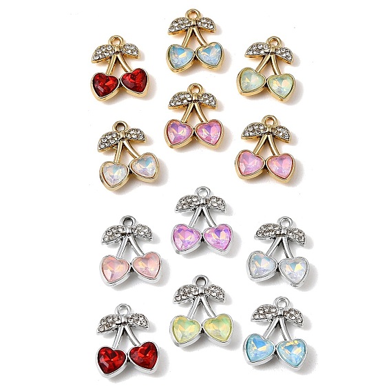 Alloy Rhinestone Pendants, Cherry Charms, with Glass, UV Plating, Mixed Color