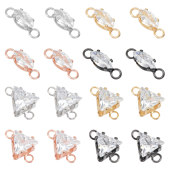 16Pcs 2 Style Brass Clear Cubic Zirconia Links, Triangle & Horse Eye
