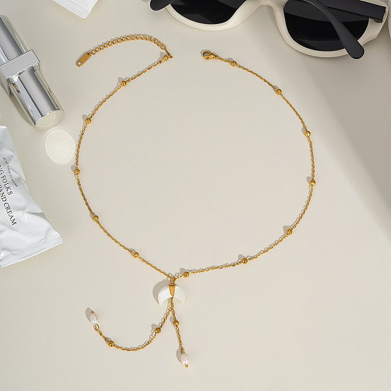 Nutural White Shell Moon Pendant 304 Stainless Steel Chain Necklaces with Natural Freshwater Pearl Tassel