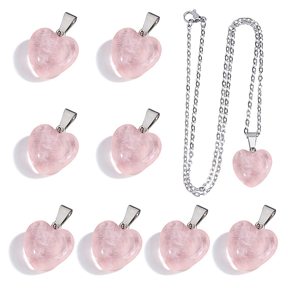 10Pcs 304 Stainless Steel Cable Chain Necklaces, with 10Pcs Heart Natural Rose Quartz Pendants