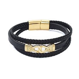 Men's Black PU Leather Cord Multi-Strand Bracelets, Knot 304 Stainless Steel Link Bracelets with Magnetic Clasps