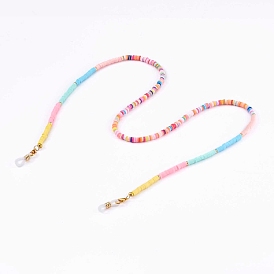 Chaînes de lunettes de perles heishi en pâte polymère arc-en-ciel, tour de cou pour lunettes, avec des perles d'espacement en laiton et des extrémités de boucle en caoutchouc, or