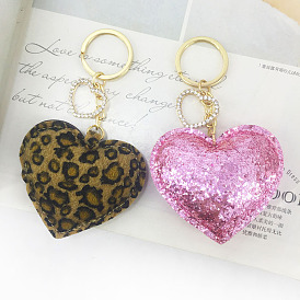 Shiny Leopard Plush Heart Keychain for Women's Bags and Car Decor.