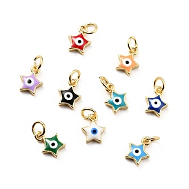 Rack Plating Brass Enamel Charms, with Jump Rings, Cadmium Free & Lead Free, Real 18K Gold Plated, Star with Evil Eye