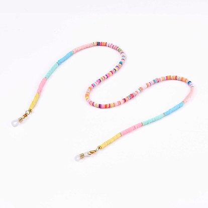 Chaînes de lunettes de perles heishi en pâte polymère arc-en-ciel, tour de cou pour lunettes, avec des perles d'espacement en laiton et des extrémités de boucle en caoutchouc, or