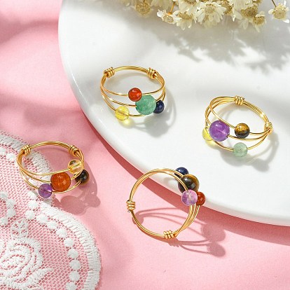 4Pcs 4 Style Natural Mixed Gemstone Braided Bead Finger Rings Set, Copper Wire Wrap Triple Lines Finger Rings