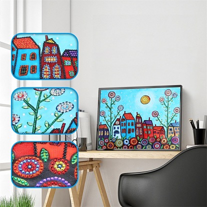 DIY Diamond Painting Canvas Kits, with Village Landscape Pattern Canvas, Resin Rhinestones, Pen, Tray Plate and Glue Clay
