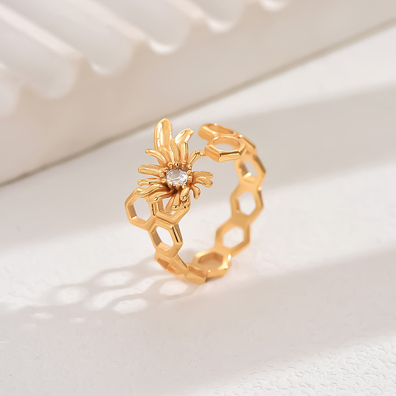 Элегантное полое шестиугольное цветочное латунное кольцо с микро-паве, прозрачное кольцо с кубическим цирконием, открытая манжета для женской повседневной одежды