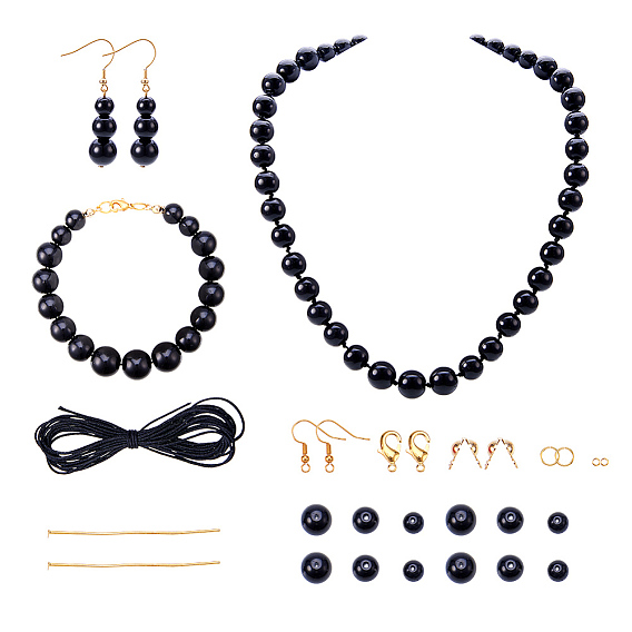 DIY Necklace Making, with Synthetic Black Stone Bead, Nylon Thread, Brass Lobster Claw Clasp and 304 Stainless Steel Earring Hook