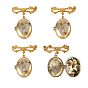 4Pcs Brass Micro Pave Clear Cubic Zirconia Locket Brooch, Bowknot & Oval with Eagle Pattern