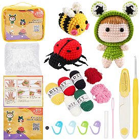 1 Set DIY Doll Crochet Kit, Including Craft Eye & Locking Stitch Makers, Cotton, Plastic Crochet Hooks & Needle, Yarn Thread, Hotfix, Scissor, Instruction