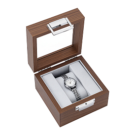Wood Single Watch Storage Boxes with Visible Glass Window Lid & Embossing Liner and Zinc Alloy Lock, Square