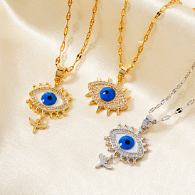 Elegant Brass Full Crystal Rhinestone Blue Evil Eye Pendant Dapped Chain Necklaces, Devil Eye Pendant Necklaces for Womem